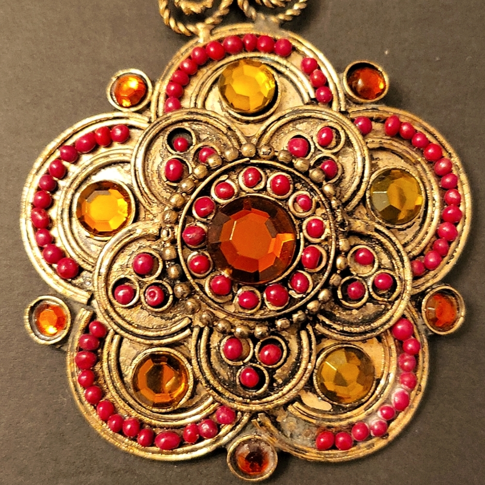 Vintage Gorgeous Bronze Floral Statement Necklace, Crystals